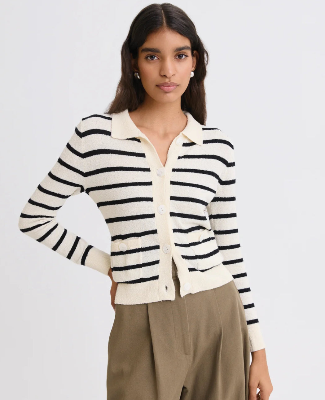 Terry Striped Collared Cardigan