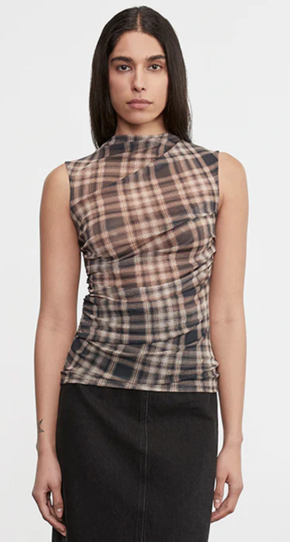 Plaid Mesh Sleeveless Twist Top