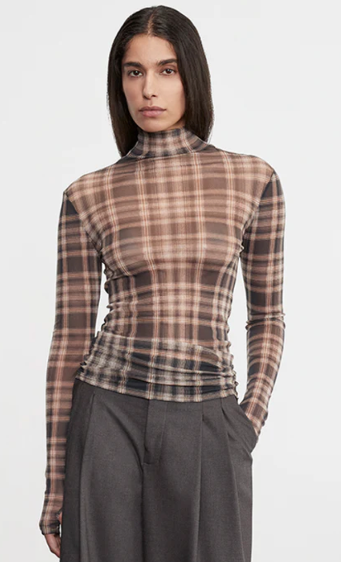 Plaid Mesh L/S Turtleneck